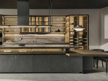 Cucina Design con isola VVD in Acciaio Nebula e Rovere thermo con top in marmo travertino di Molteni & C