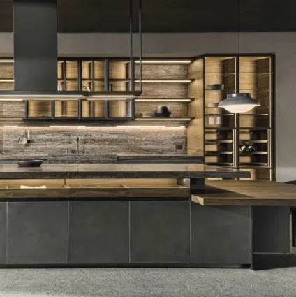 Cucina Design con isola VVD in Acciaio Nebula e Rovere thermo con top in marmo travertino di Molteni & C